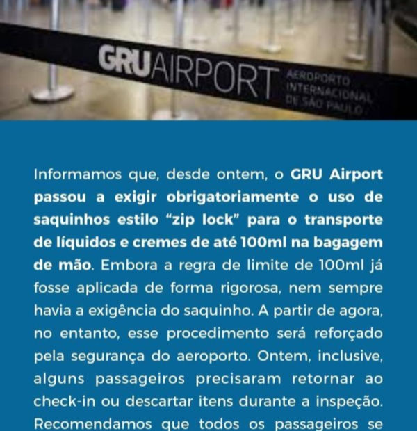 Comunicado American Airlines – Uso Obrigatório de “Zip Lock” para transporte de líquidos